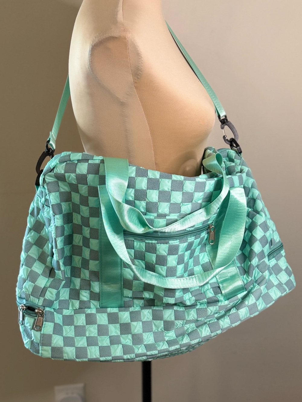 Checkered duffle bag teal gray travel gym school multi pockets
